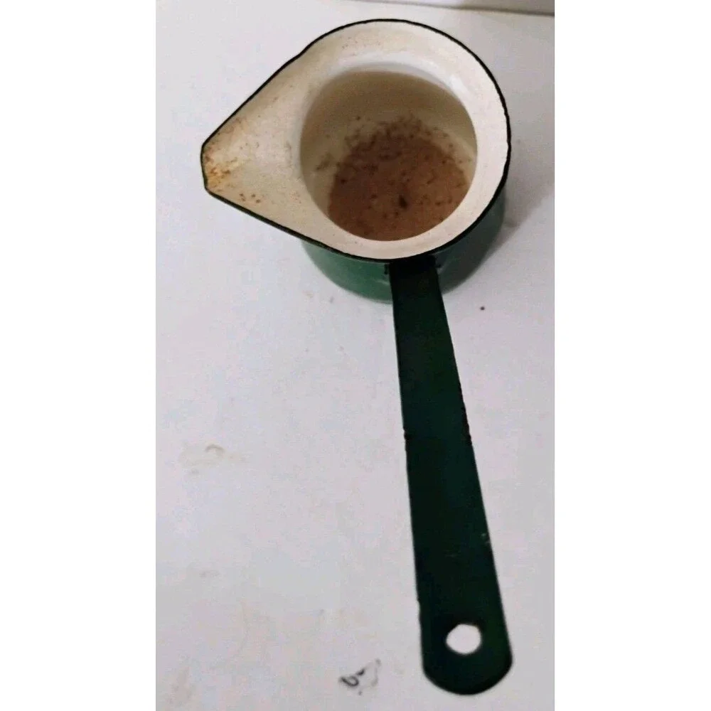 Vintage Green Enamel Turkish Coffee Pot Made in Yugoslavia Cezve Briki Pot Rust
